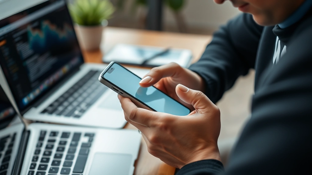 Close-up of someone using a smartphone with a laptop nearby, showing real-world tech usage in a contemporary workspace