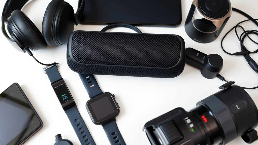 Collection of various tech gadgets including gaming headset, portable speaker, fitness tracker, and camera lens on a clean desk surface