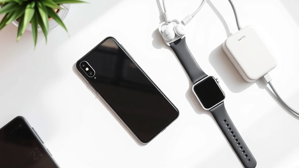 Flat lay of modern tech gadgets including smartphone, wireless earbuds, smartwatch, and charger arranged on minimalist white desk surface with natural lighting