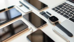Close-up of various modern tech gadgets and devices arranged on a clean surface, showing smartphones, earbuds, smartwatch, and laptop keyboard in natural lighting