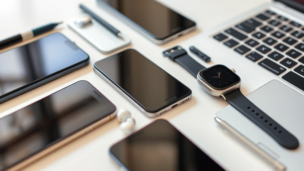 Close-up of various modern tech gadgets and devices arranged on a clean surface, showing smartphones, earbuds, smartwatch, and laptop keyboard in natural lighting