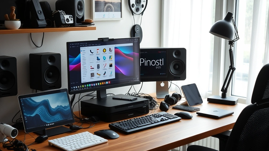 Tech enthusiast's desk setup with multiple devices and cables organized neatly, showing real-world gadget usage in natural daylight