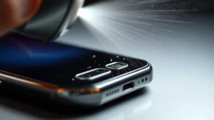 Close-up of smartphone charging port with compressed air being used to clean dust and debris, bright studio lighting on metallic surfaces