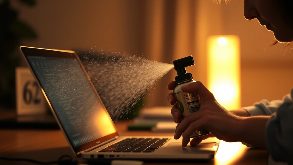 Person working on laptop with compressed air canister cleaning vents, dust particles visible in air, warm workspace lighting, focused hands visible