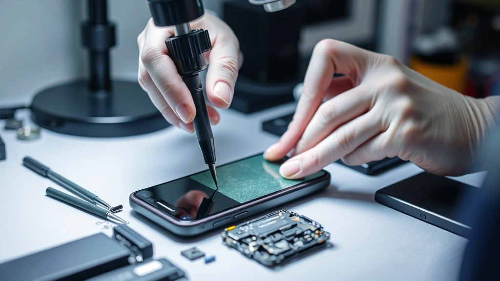 Technician using precision tools to carefully replace smartphone display assembly on workbench with magnifying lamp, professional repair environment with organized components