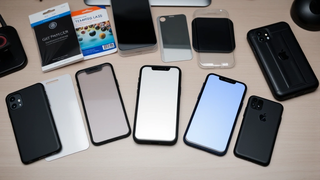 Collection of screen protectors and protective cases arranged on desk next to smartphone, showing various tempered glass options and protective phone cases
