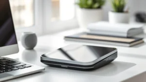 Sleek modern tech gadget on minimalist white desk with soft natural lighting, professional product photography style, close-up of premium materials and finish details