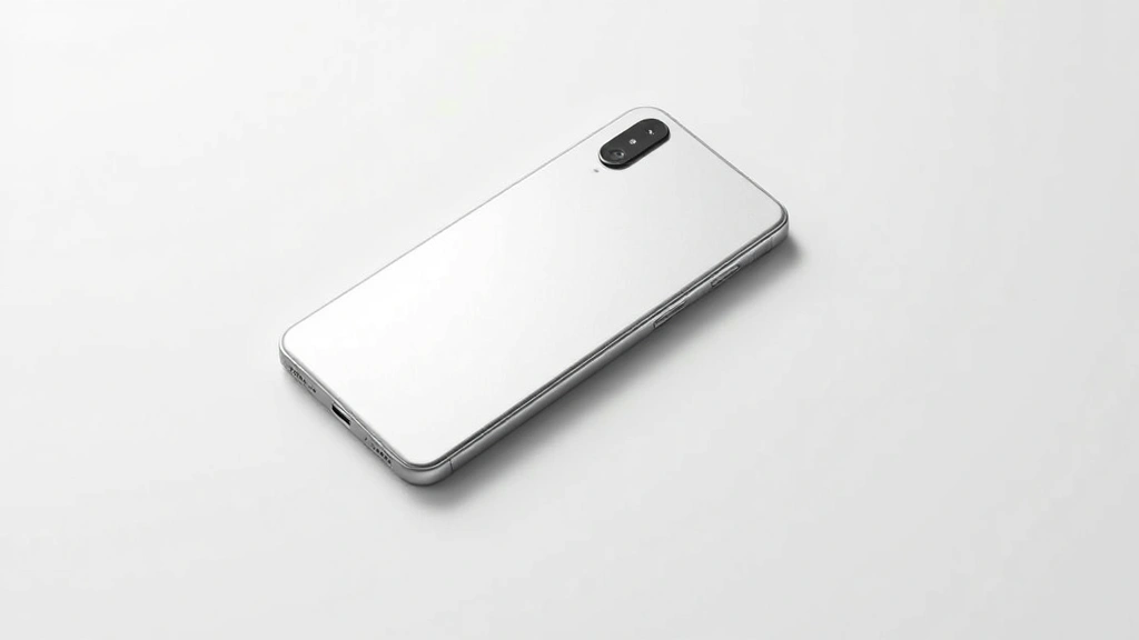 Sleek modern smartphone with metallic frame lying on minimalist white surface, showing premium aluminum and matte back finish, professional product photography