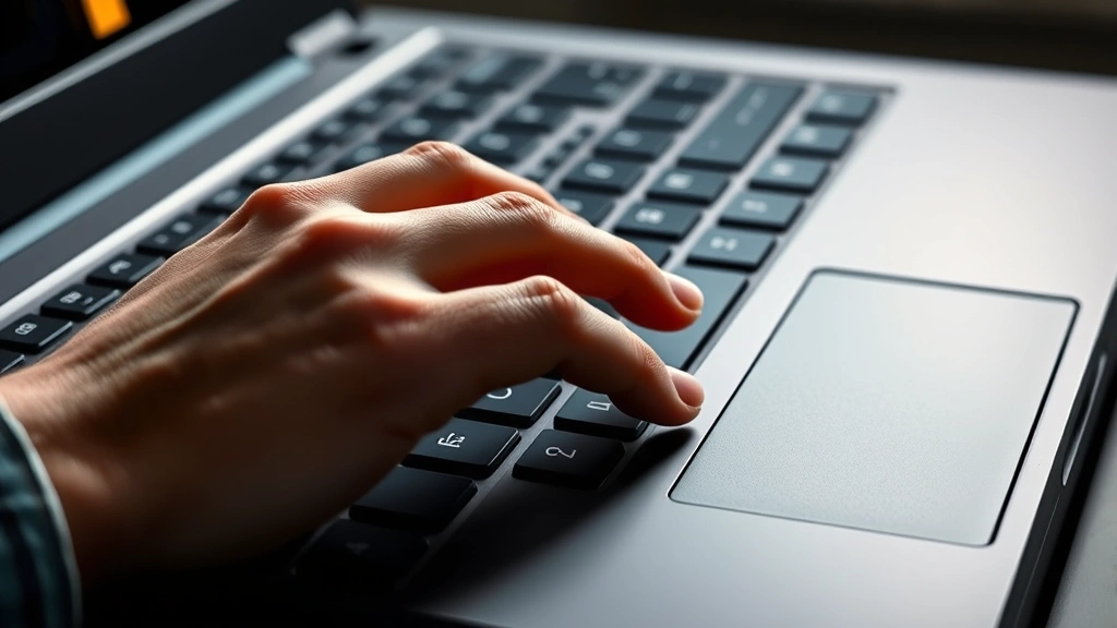 Close-up of high-end laptop keyboard and trackpad in use, fingers typing, showing quality build materials and responsive design, professional lighting