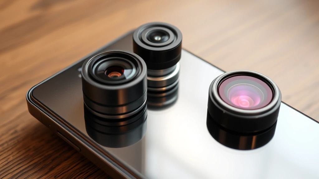 Professional smartphone camera system with multiple lens modules visible, showing telephoto and ultra-wide camera setup on polished device back