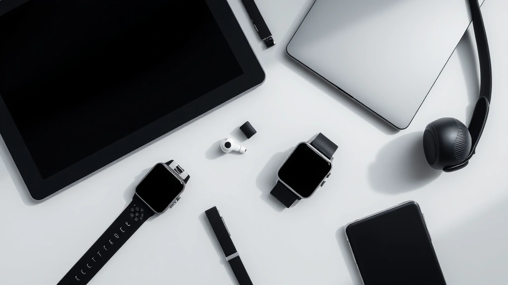 Overhead shot of multiple modern tech gadgets arranged artfully - tablet, earbuds, smartwatch, arranged on white surface with subtle shadows