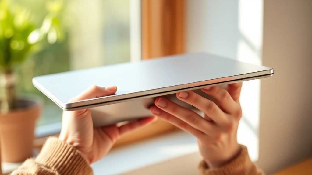 Person's hands holding a lightweight laptop or tablet, warm natural lighting from window, focused on the device's thin profile and clean design