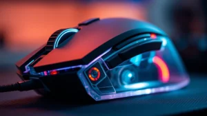 Close-up of a high-end gaming mouse with optical sensor visible through transparent bottom, ambient lighting, professional photography