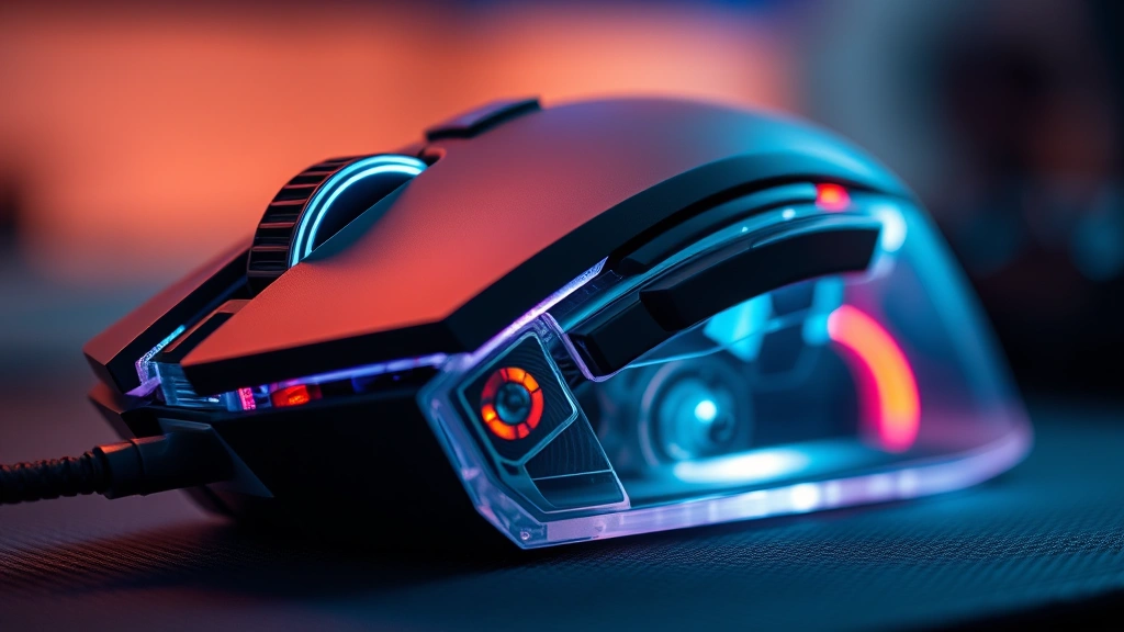 Close-up of a high-end gaming mouse with optical sensor visible through transparent bottom, ambient lighting, professional photography