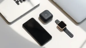 Flat lay photography of modern tech gadgets: smartphone, wireless earbuds, smartwatch, and laptop arranged on minimalist white desk surface with natural morning light casting soft shadows
