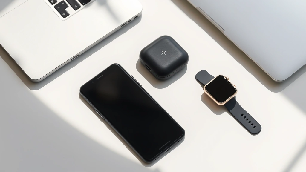 Flat lay photography of modern tech gadgets: smartphone, wireless earbuds, smartwatch, and laptop arranged on minimalist white desk surface with natural morning light casting soft shadows