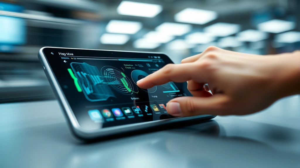 High-speed action shot of gadget interface responding instantly, motion blur effect suggesting responsiveness, tech environment