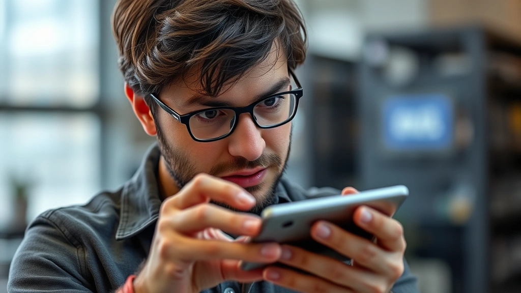 Person holding and examining a premium tech device with focused expression, showing genuine interaction and real-world usage scenario