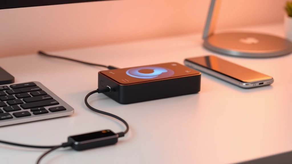 Gadget on minimalist desk setup with charging cable, modern workspace aesthetic, clean composition, warm ambient lighting