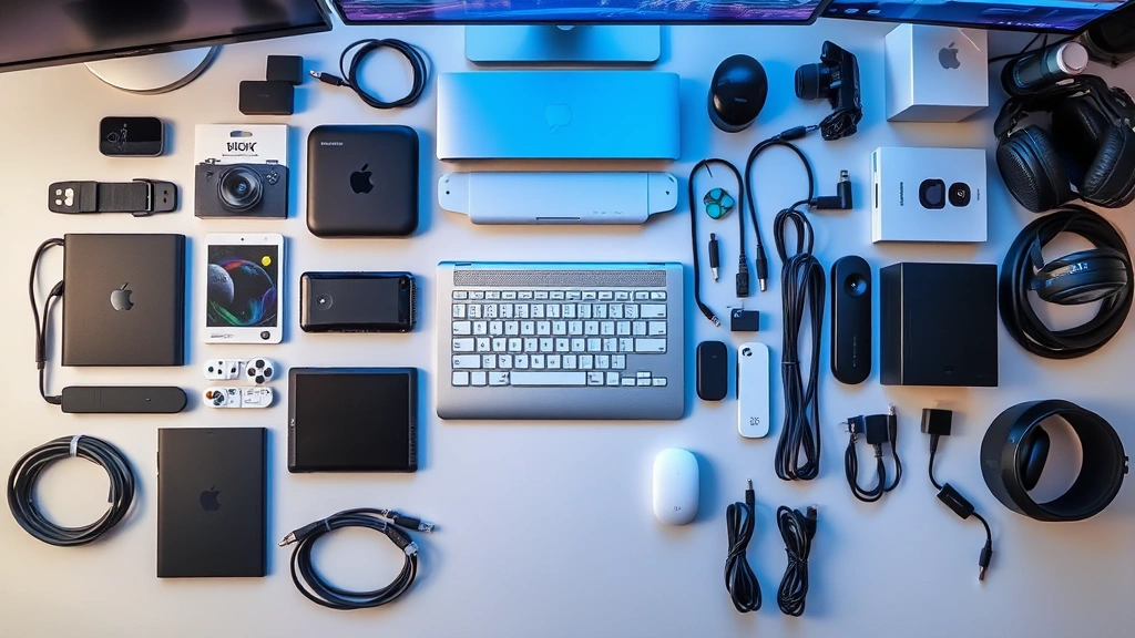 Organized tech workspace with multiple gadgets, cables, and accessories neatly arranged to show ecosystem compatibility and product lineup