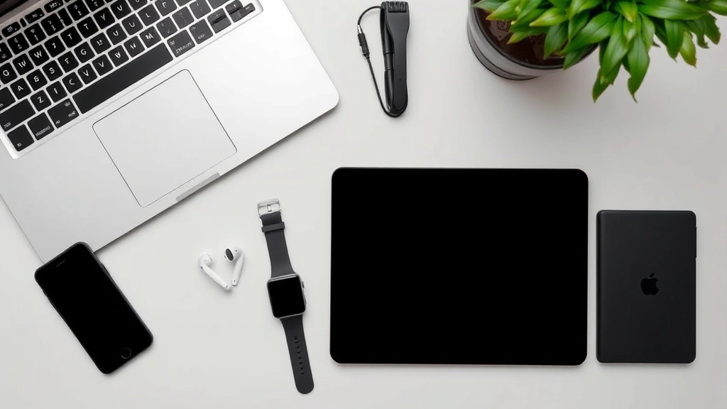 Flat lay of multiple tech gadgets arranged artfully - laptop, tablet, wireless earbuds, smartwatch on minimalist desk surface