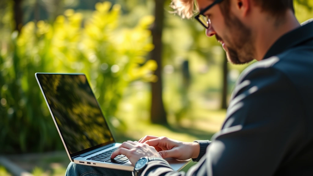Person using a high-end laptop outdoors in bright daylight, focused on screen, showing the device in real-world context