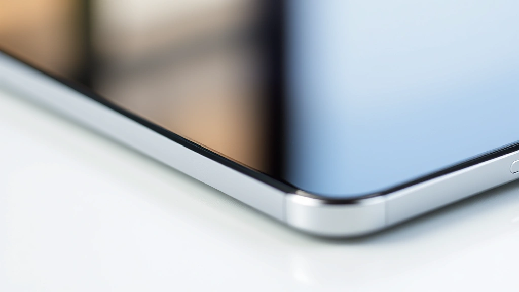 High-quality close-up of a sleek modern smartphone or tablet showing metallic finish, precision edge design, and smooth surfaces with natural lighting reflecting off the device