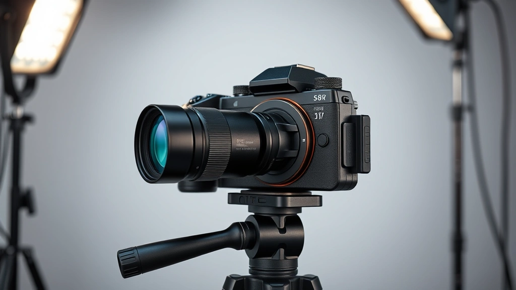 Professional mirrorless camera with electronic viewfinder, compact magnesium alloy body, mounted on tripod, studio lighting setup