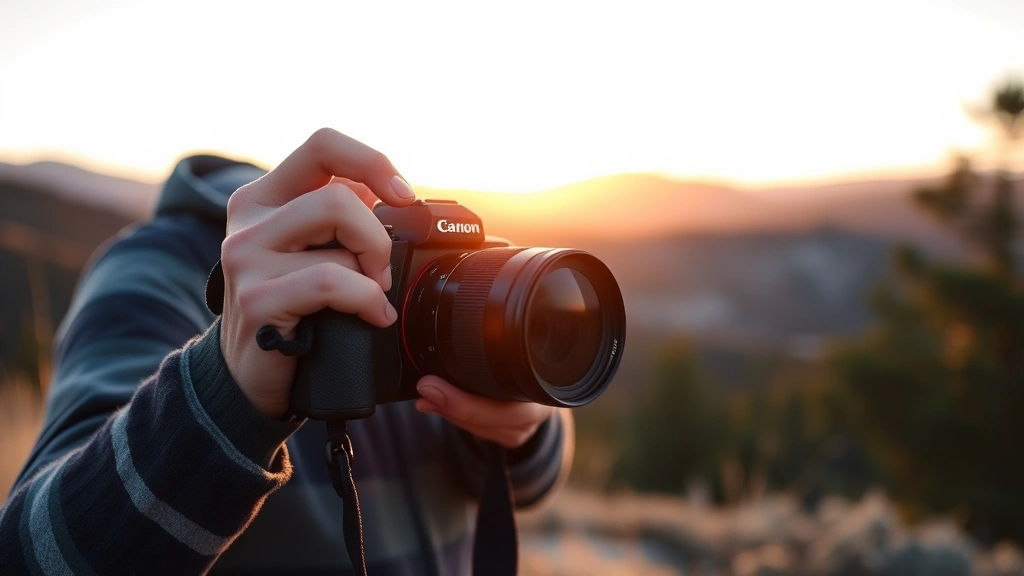Photographer holding mirrorless camera in outdoor landscape setting, golden hour lighting, natural environment with mountains or forest