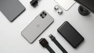 Professional flat lay of assorted tech gadgets including smartphone, wireless earbuds, smartwatch, and portable charger on minimalist desk with neutral background, studio lighting, sharp focus