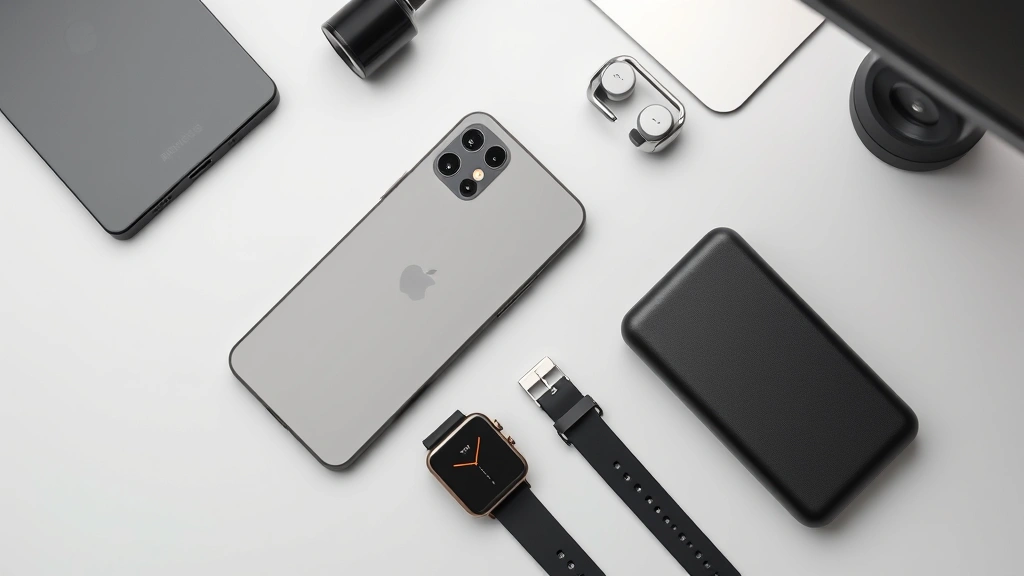 Professional flat lay of assorted tech gadgets including smartphone, wireless earbuds, smartwatch, and portable charger on minimalist desk with neutral background, studio lighting, sharp focus