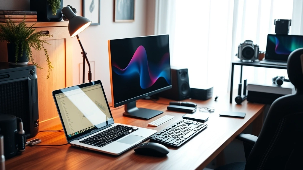 Organized tech workspace with laptop, monitor, keyboard, and various gadgets on wooden desk with soft natural window lighting, warm professional atmosphere