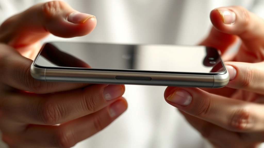 Close-up of hands holding a sleek aluminum smartphone with visible craftsmanship details and smooth edges, natural lighting, minimalist background, photorealistic