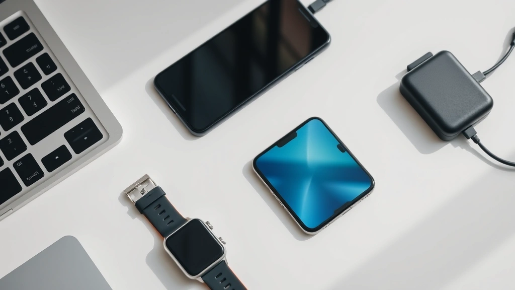 Flat lay photography of modern portable gadgets including smartphone, wireless earbuds, smartwatch, and portable charger on minimalist desk with soft natural lighting