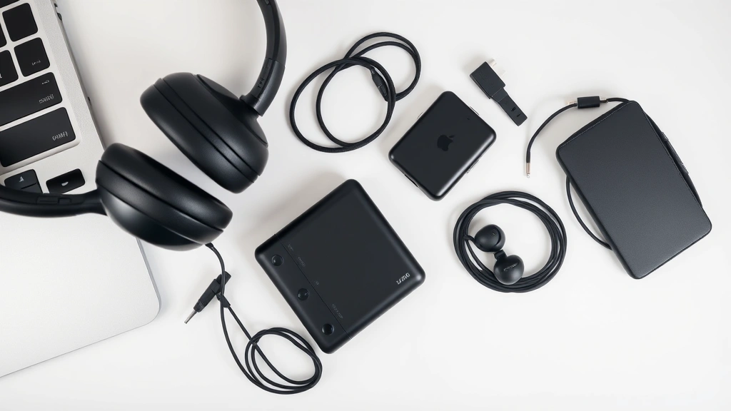 Flat lay of various tech gadgets arranged artfully—headphones, portable charger, USB-C cables, wireless earbuds—on a modern desk surface, neutral tones, professional photography style