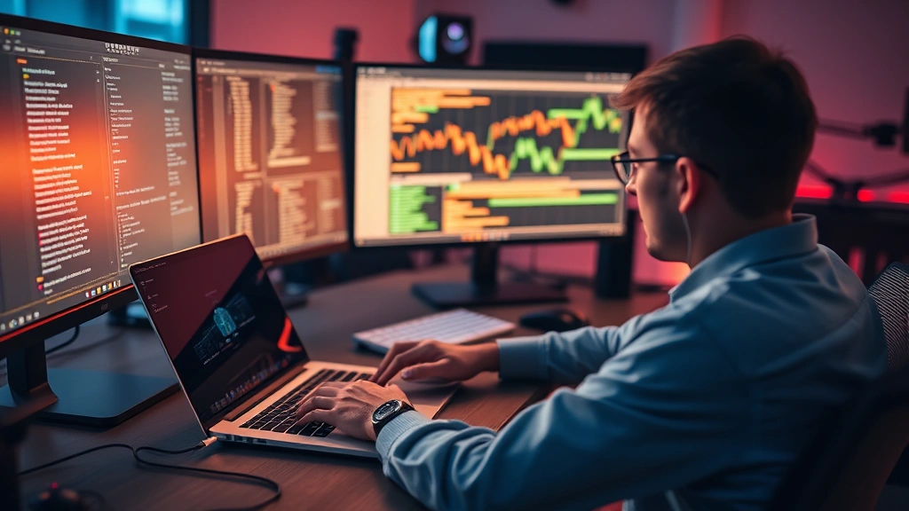 Person using a laptop at a desk with multiple monitors, typing naturally, warm ambient lighting, showing genuine tech workflow environment, no visible screen UI text