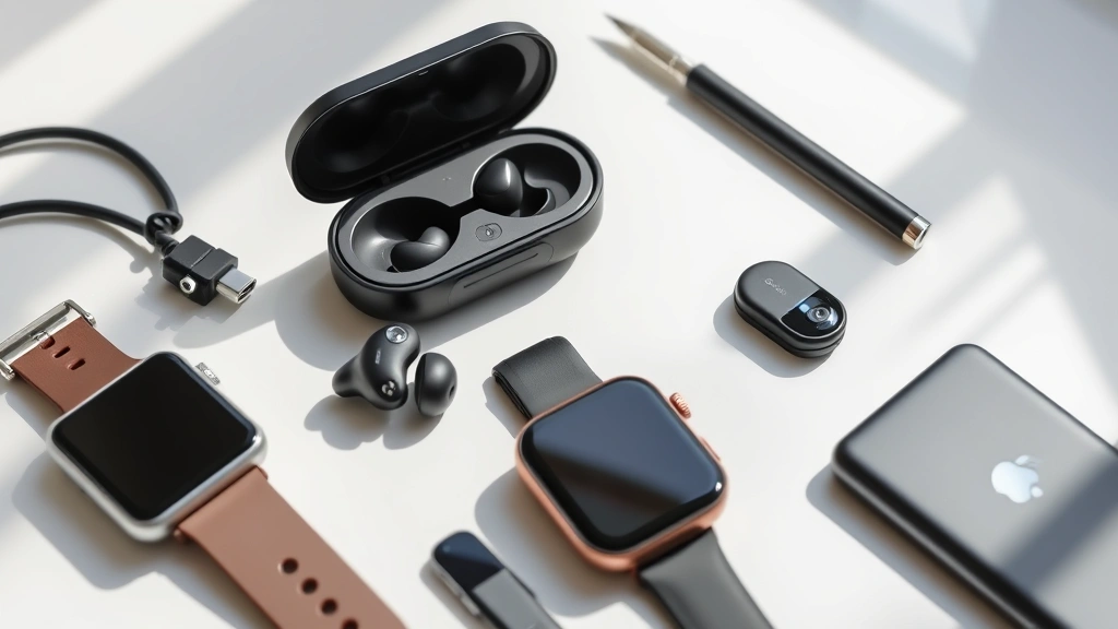 Collection of tech gadgets including wireless earbuds, smartwatch, and portable charger arranged artfully, showcasing modern product design and materials in natural lighting