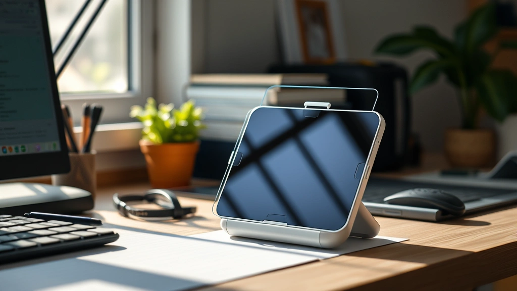 Gadget sitting on desk workspace with natural lighting, showing overall form factor and design proportions in realistic daily use setting