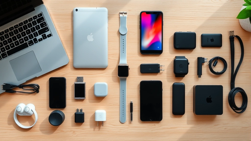 Overhead shot of various tech gadgets including laptop, tablet, wireless earbuds, smartwatch, and chargers arranged in organized rows on a clean wooden desk with natural lighting