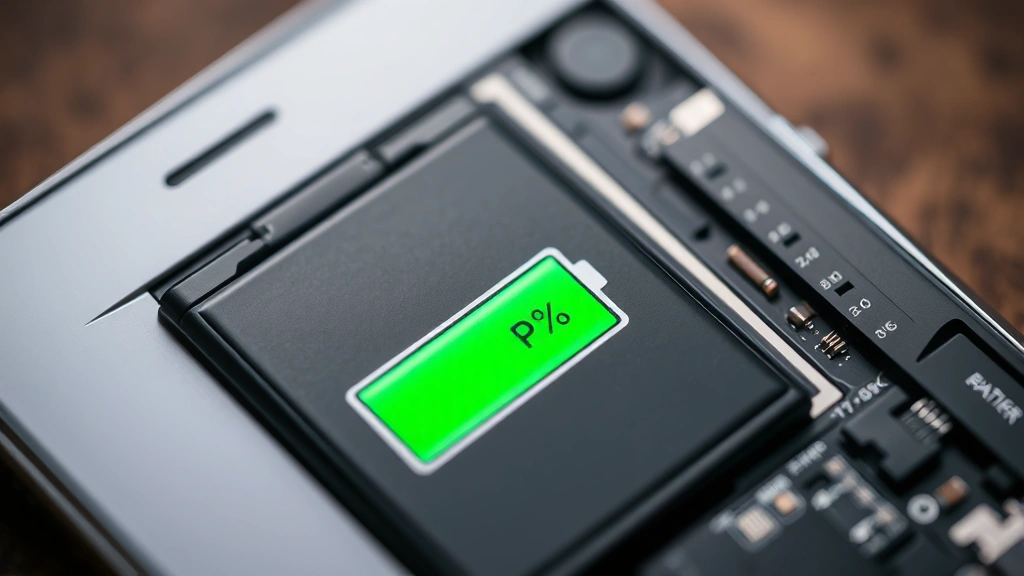 Detailed macro photography of a smartphone battery cell next to a battery percentage indicator, showing internal components and charging port, professional tech product photography style
