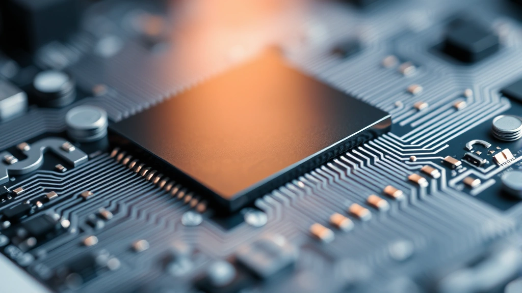 Close-up of smartphone processor chip with circuit patterns, metallic and reflective surface, shallow depth of field, professional tech photography