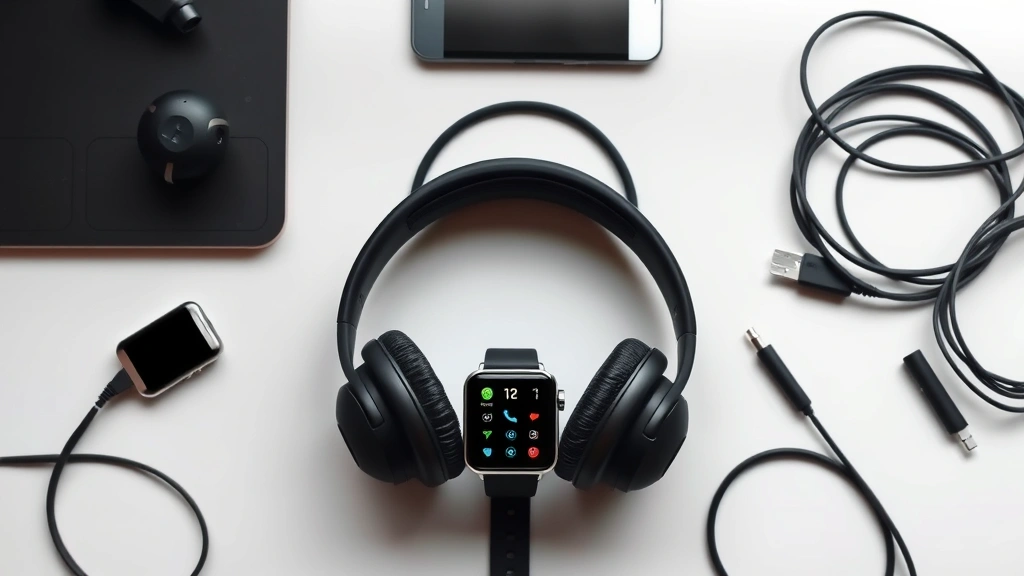Flat lay of various tech gadgets including headphones, smartwatch, and cables arranged on modern desk surface with minimalist aesthetic