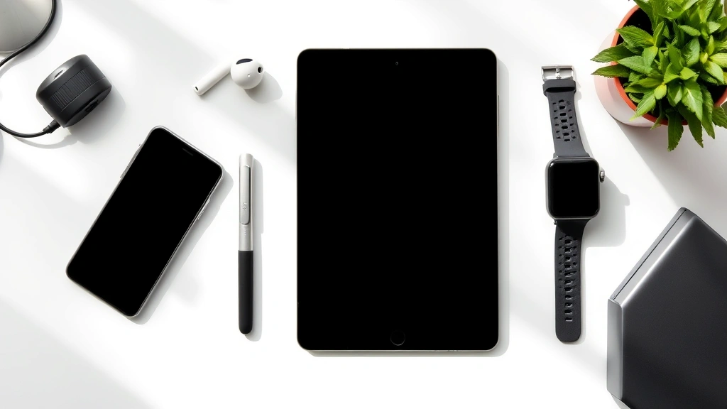 Flat lay of modern tech gadgets on a clean desk—smartphone, tablet, earbuds, smartwatch arranged artfully with natural lighting