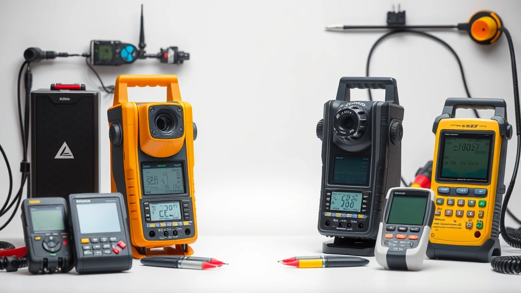 Tech product comparison setup showing multiple similar gadgets side-by-side with measurement tools and testing equipment