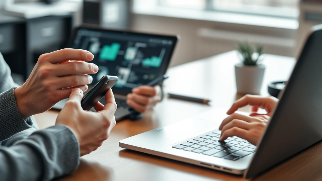 Person using multiple connected devices simultaneously—phone, laptop, and tablet—showing seamless ecosystem integration and wireless connectivity in a modern workspace