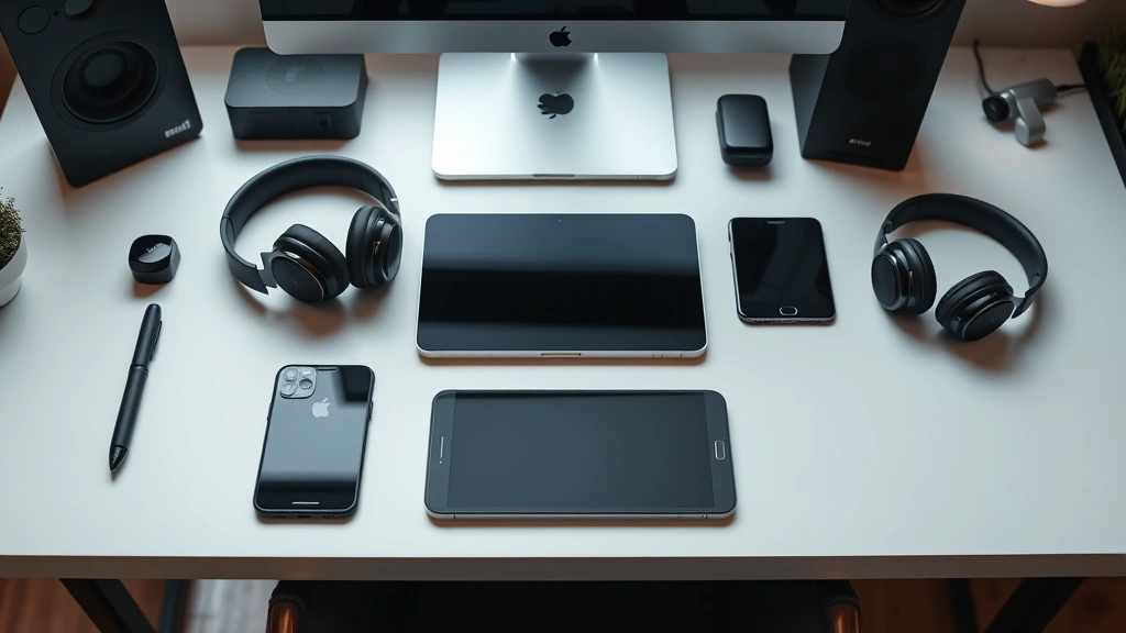 Professional photography of premium tech gadgets arranged on minimalist desk setup, natural lighting, high-end consumer electronics like smartphones tablets and headphones