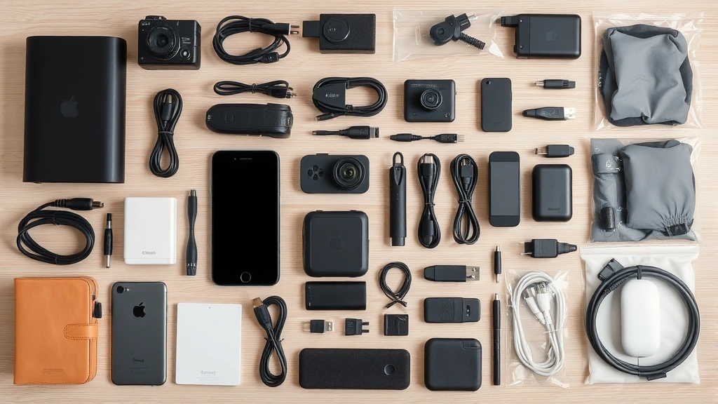 Flat lay of various gadget accessories and components, organized neatly showing charging cables, adapters, protective gear, tech ecosystem items