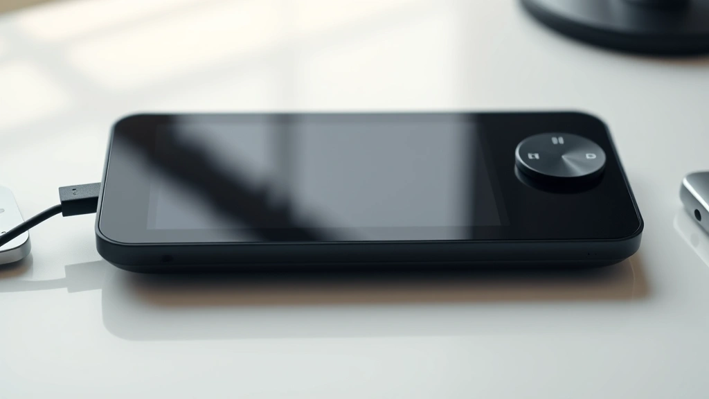 A sleek modern tech gadget on a minimalist desk with soft natural lighting, showing premium materials and thoughtful design, photographed from above with shallow depth of field