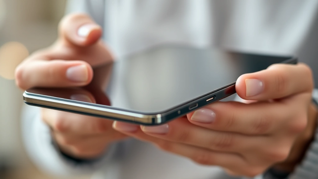 Close-up of hands holding a smartphone or tablet, showing the tactile experience and build quality, with soft ambient lighting and a blurred background
