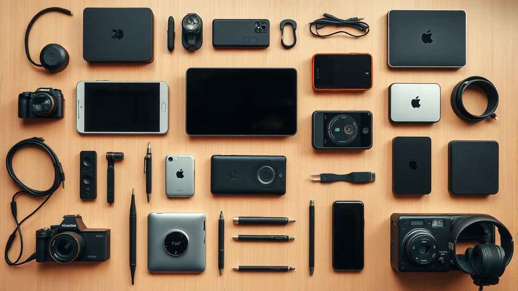 A flat-lay arrangement of multiple complementary tech gadgets and accessories arranged artfully, showing ecosystem integration and connectivity, with warm professional lighting